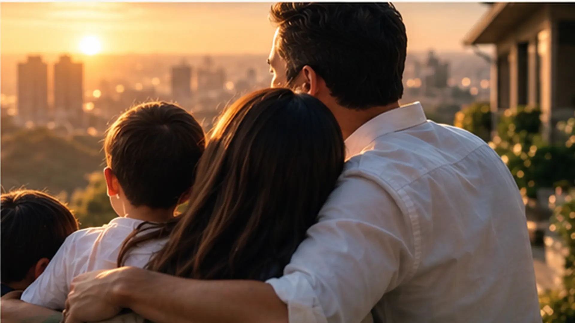 Illustrative family together at sunset